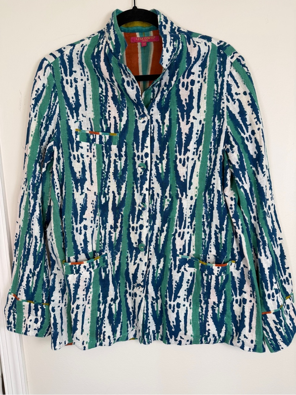 Lisa Corti Milano Cotton Jacket Blazer Size M Abstract Ikat India Hand Printed
